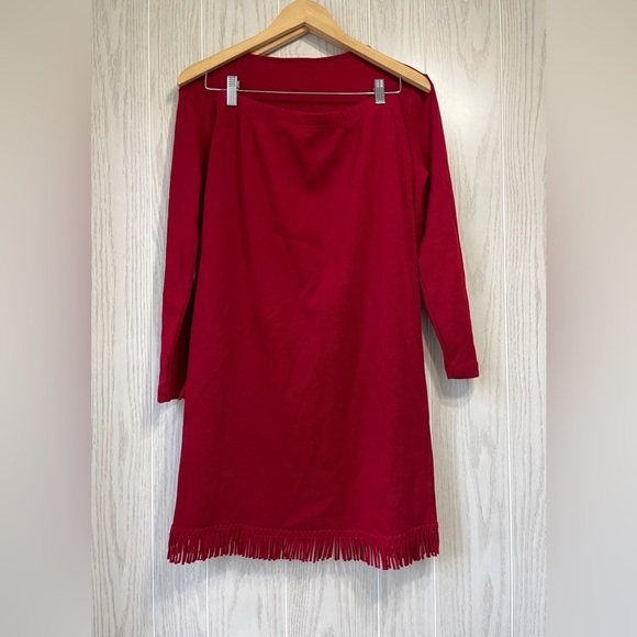 Miss Dorby Womens 2 Piece Red sweaterTop & Skirt w fringe Size Petite Small - Picture 4 of 6